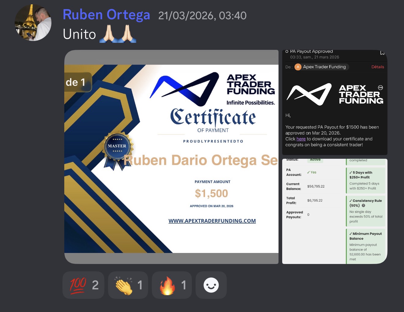 Ruben · Certificado de pago Apex · +$1.500