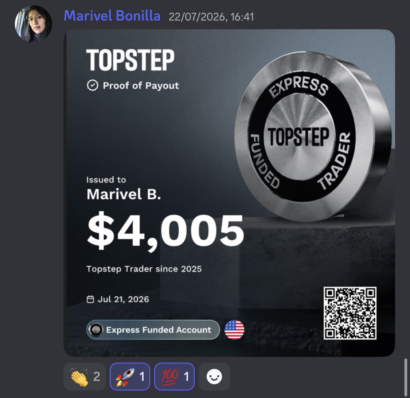 Marivel · Payout Topstep · $4.005