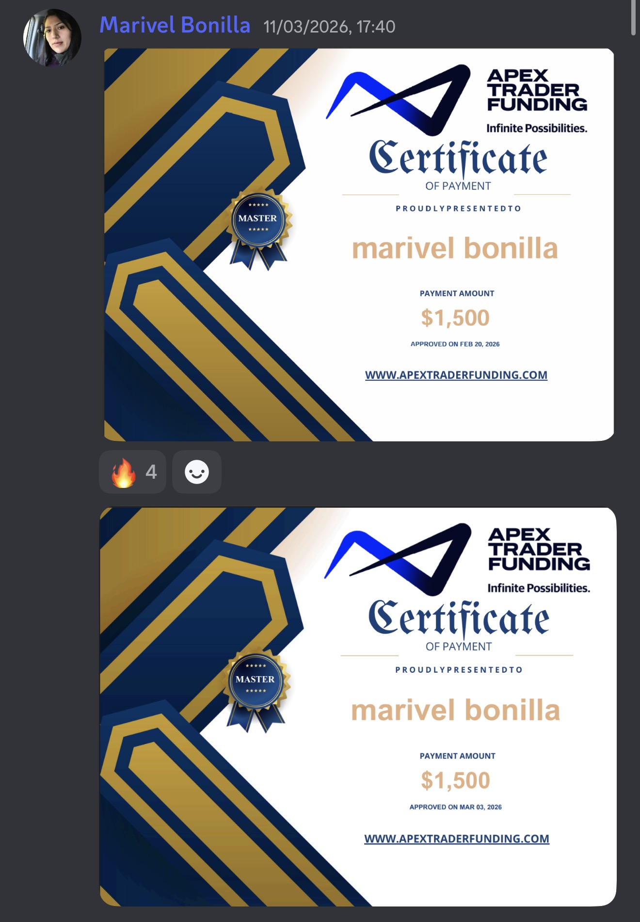 Marivel · Dos pagos Apex · $1.500 cada uno